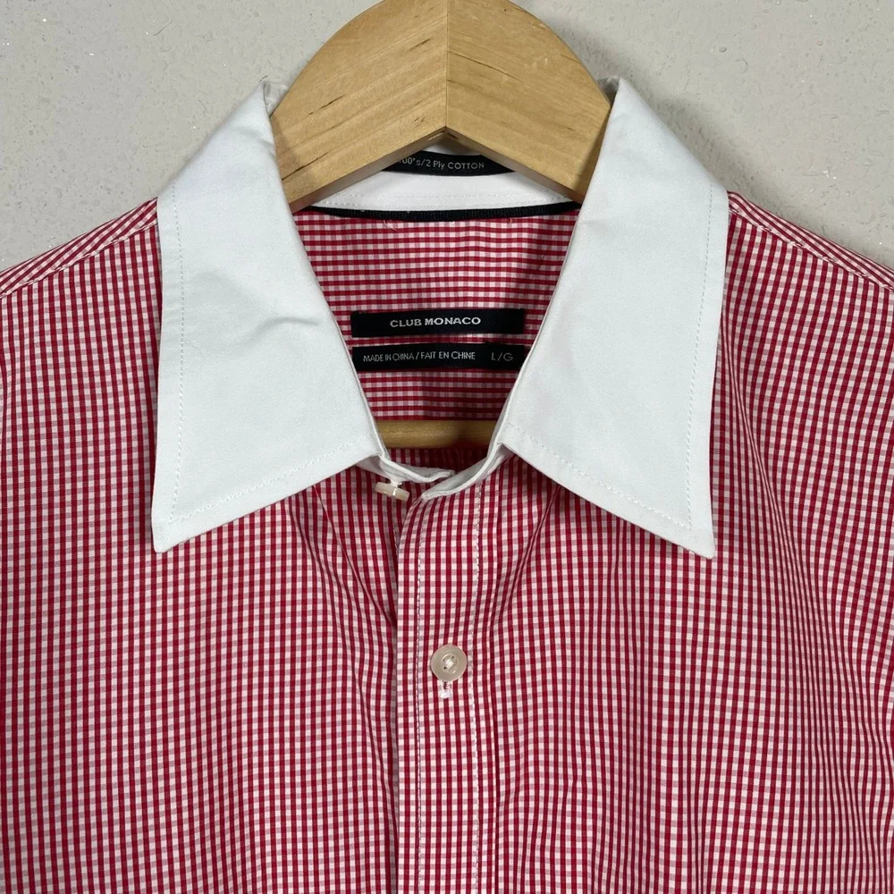 Club Monaco Dress Shirt Dapper Sartorial Men L Red White Gingham Contrast Collar
